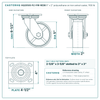 HQ2050S-PL1-PIR-REDB 5 x 2 in polyurethane on iron swivel caster reference drawing, side, front and top plate views with dimensions