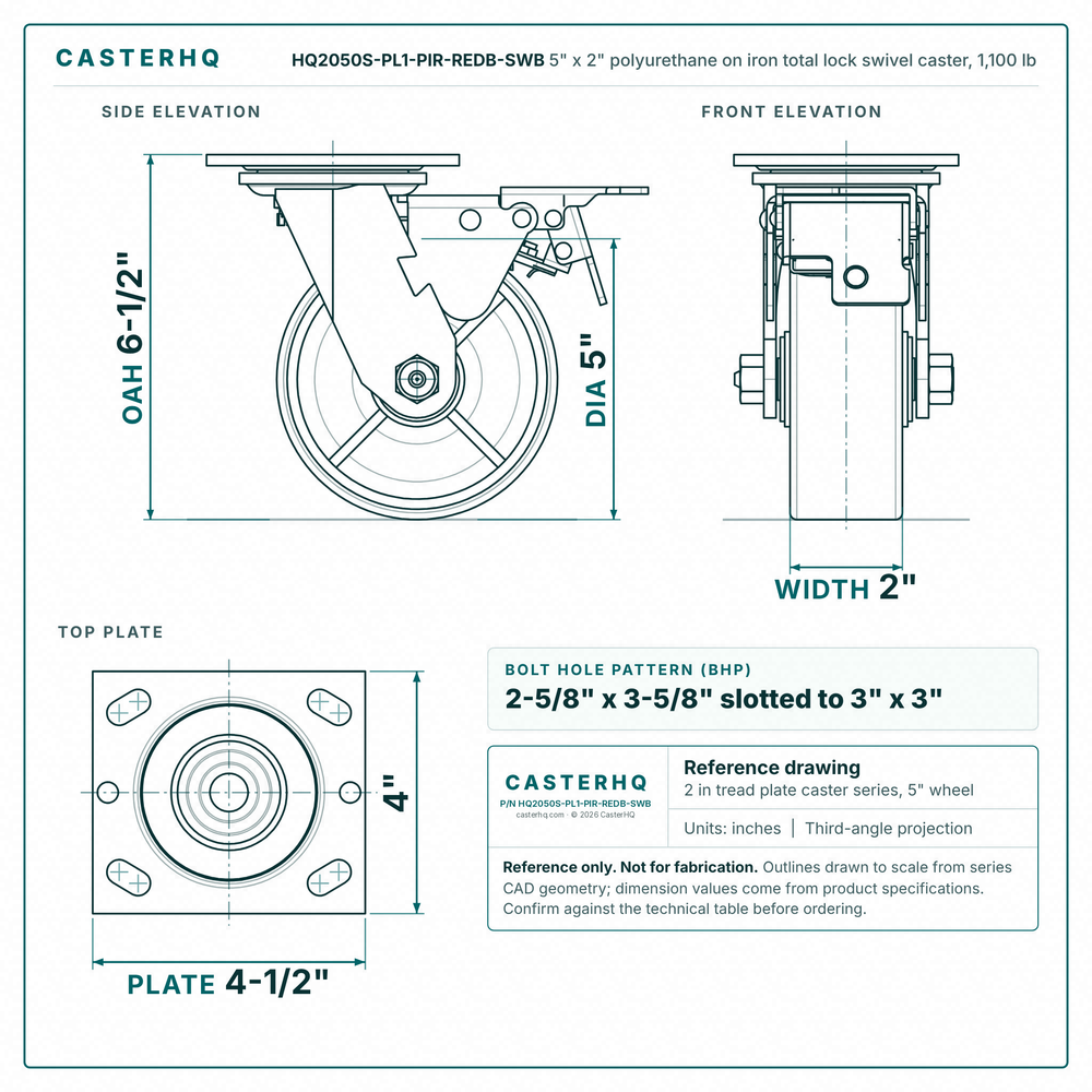 HQ2050S-PL1-PIR-REDB-SWB 5 x 2 in polyurethane on iron total lock swivel caster reference drawing, side, front and top plate views with dimensions