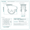 HQ2050S-PL1-PIR-REDB-SWB-SET 5 x 2 in polyurethane on iron total lock swivel caster reference drawing, 1,100 lb per caster (set of 4: 4 total lock swivel), side, front and top plate views with dimensions