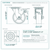 HQ2050S-PL1-PIR-REDB-SWB-SET 5 x 2 in polyurethane on iron total lock swivel caster reference drawing, 1,100 lb per caster (set of 4: 4 total lock swivel), side, front and top plate views with dimensions
