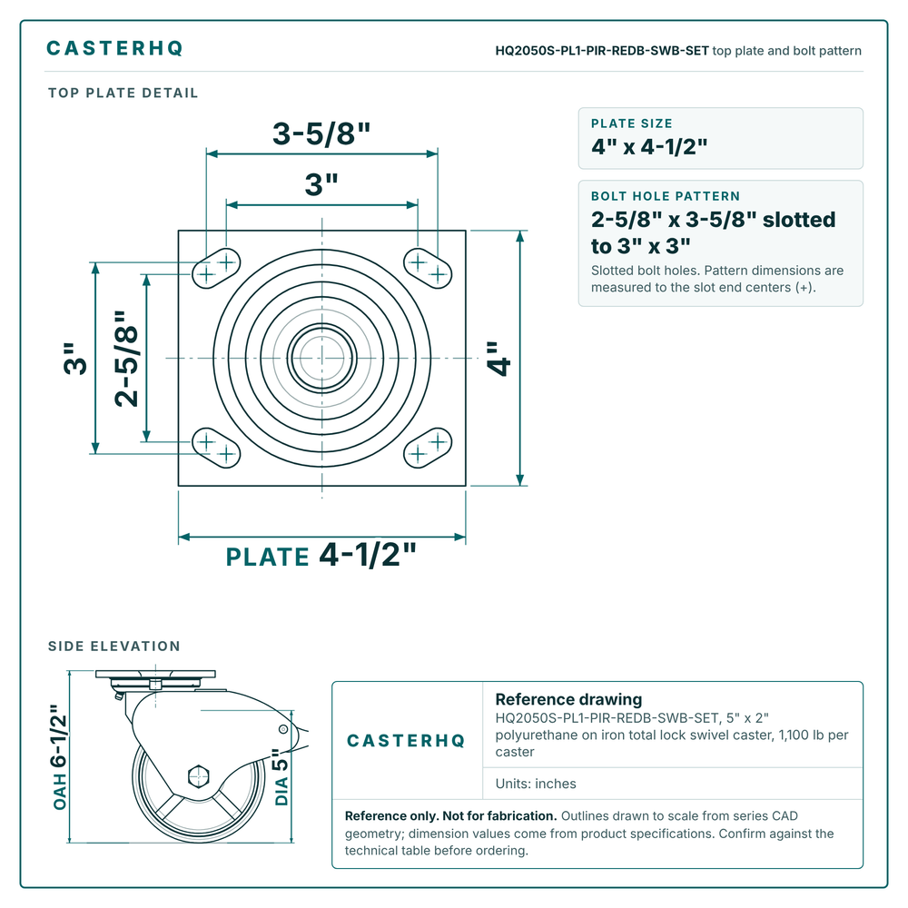 HQ2050S-PL1-PIR-REDB-SWB-SET top plate bolt pattern drawing, 4 x 4-1/2 in plate, slotted bolt holes