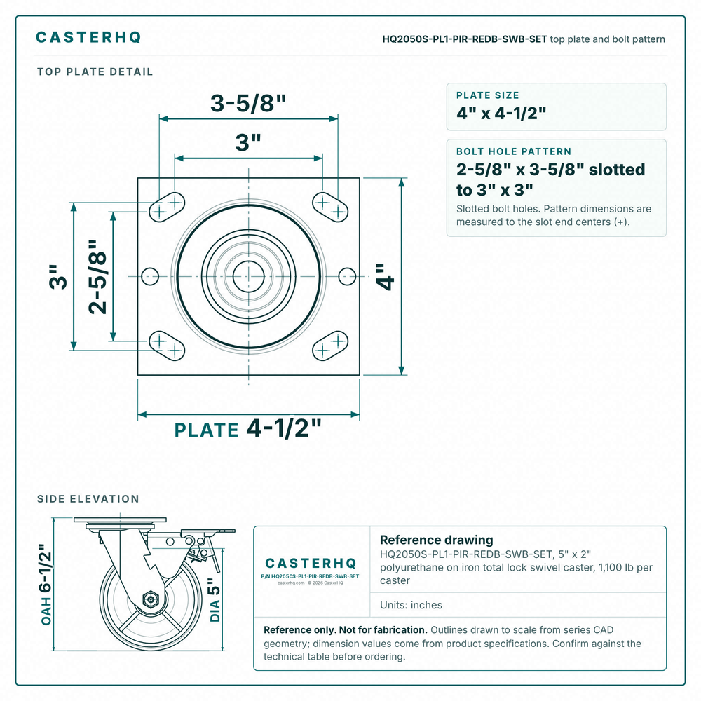 HQ2050S-PL1-PIR-REDB-SWB-SET top plate bolt pattern drawing, 4 x 4-1/2 in plate, slotted bolt holes