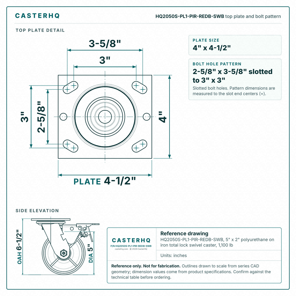 HQ2050S-PL1-PIR-REDB-SWB top plate bolt pattern drawing, 4 x 4-1/2 in plate, slotted bolt holes