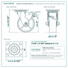 HQ2050S-PL1-PIR-REDB-SWBR-SET 5 x 2 in polyurethane on iron total lock swivel caster reference drawing, 1,100 lb per caster (set of 4: 2 total lock swivel + 2 rigid), side, front and top plate views with dimensions
