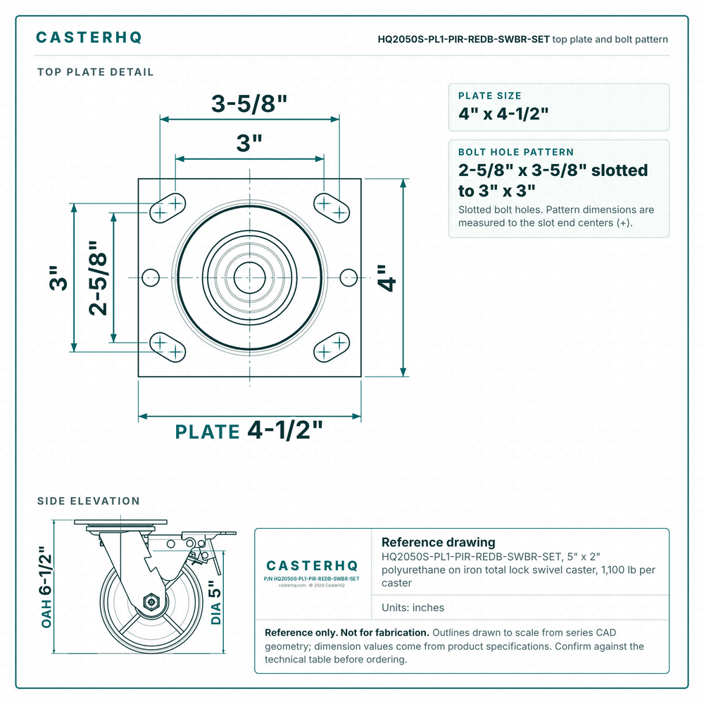 HQ2050S-PL1-PIR-REDB-SWBR-SET top plate bolt pattern drawing, 4 x 4-1/2 in plate, slotted bolt holes