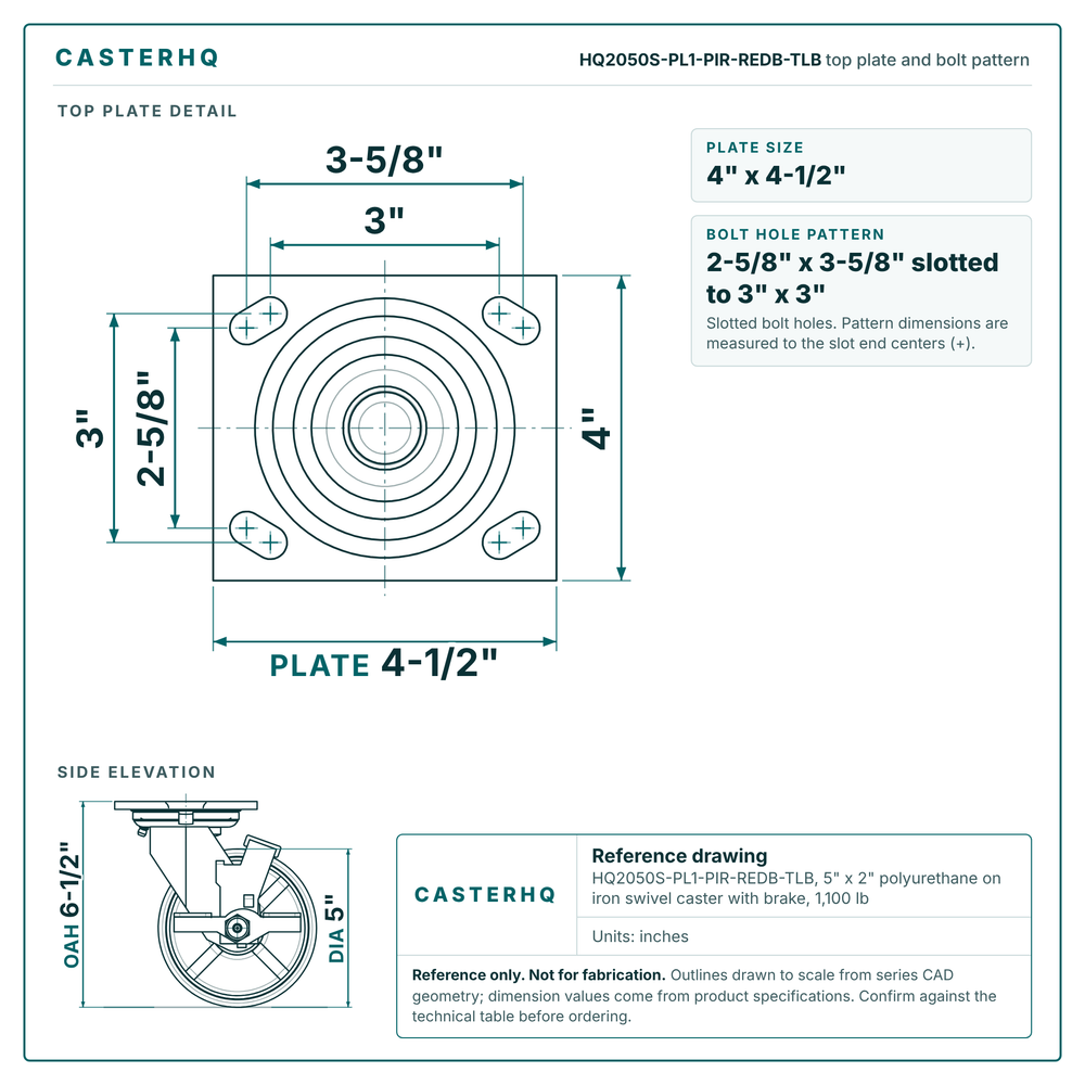 HQ2050S-PL1-PIR-REDB-TLB top plate bolt pattern drawing, 4 x 4-1/2 in plate, slotted bolt holes