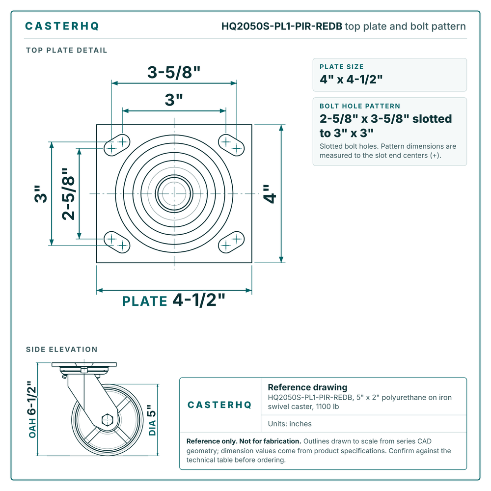 HQ2050S-PL1-PIR-REDB top plate bolt pattern drawing, 4 x 4-1/2 in plate, slotted bolt holes