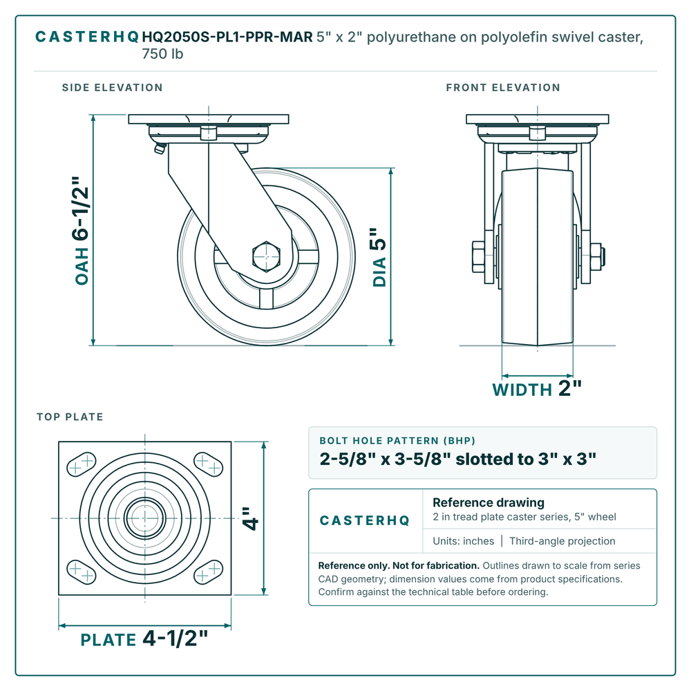 HQ2050S-PL1-PPR-MAR 5 x 2 in polyurethane on polyolefin swivel caster reference drawing, side, front and top plate views with dimensions