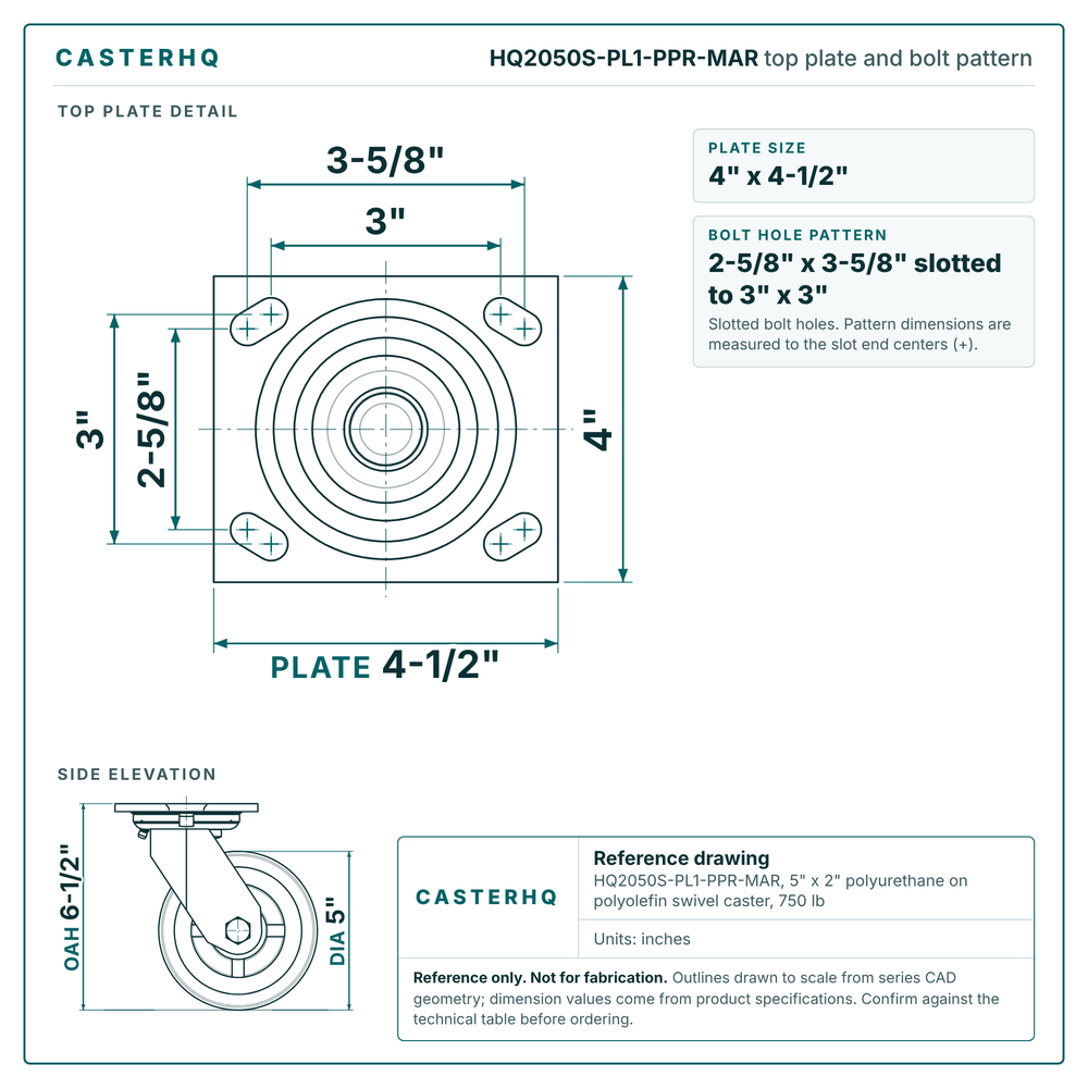 HQ2050S-PL1-PPR-MAR top plate bolt pattern drawing, 4 x 4-1/2 in plate, slotted bolt holes