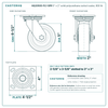 HQ2050S-PL1-SPR 5 x 2 in solid polyurethane swivel caster reference drawing, side, front and top plate views with dimensions