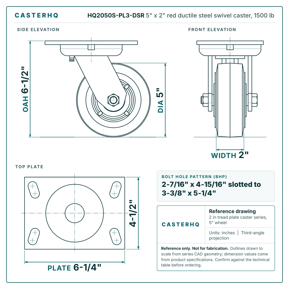 HQ2050S-PL3-DSR 5 x 2 in red ductile steel swivel caster reference drawing, side, front and top plate views with dimensions