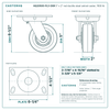 HQ2050S-PL3-DSR 5 x 2 in red ductile steel swivel caster reference drawing, side, front and top plate views with dimensions