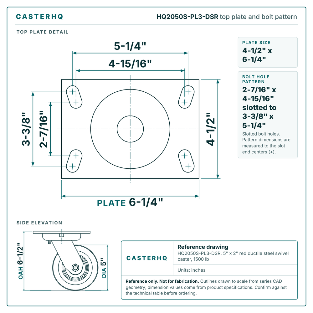 HQ2050S-PL3-DSR top plate bolt pattern drawing, 4-1/2 x 6-1/4 in plate, slotted bolt holes