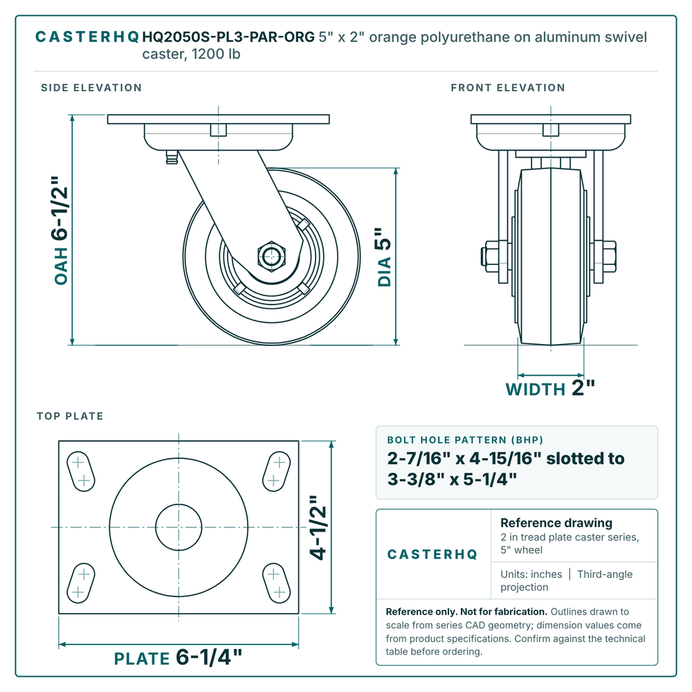 HQ2050S-PL3-PAR-ORG 5 x 2 in orange polyurethane on aluminum swivel caster reference drawing, side, front and top plate views with dimensions