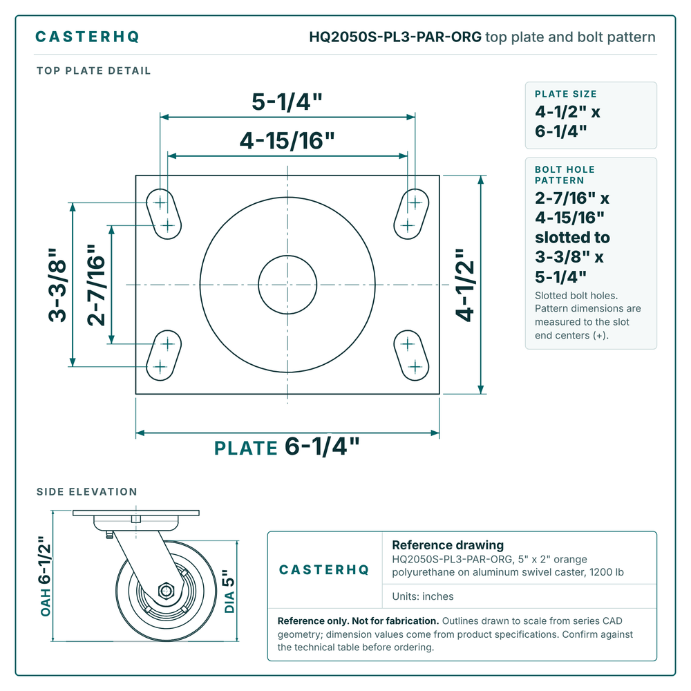 HQ2050S-PL3-PAR-ORG top plate bolt pattern drawing, 4-1/2 x 6-1/4 in plate, slotted bolt holes