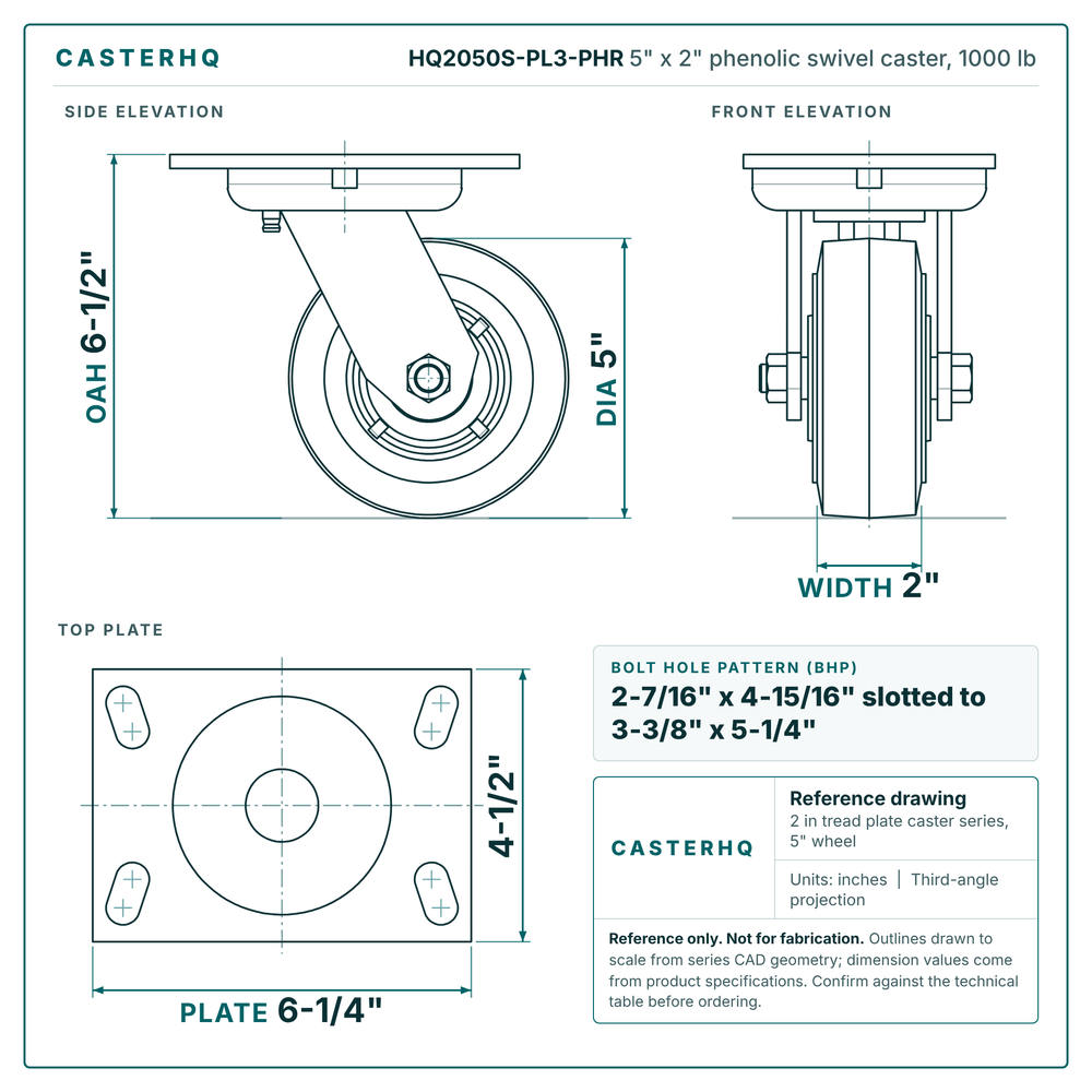 HQ2050S-PL3-PHR 5 x 2 in phenolic swivel caster reference drawing, side, front and top plate views with dimensions
