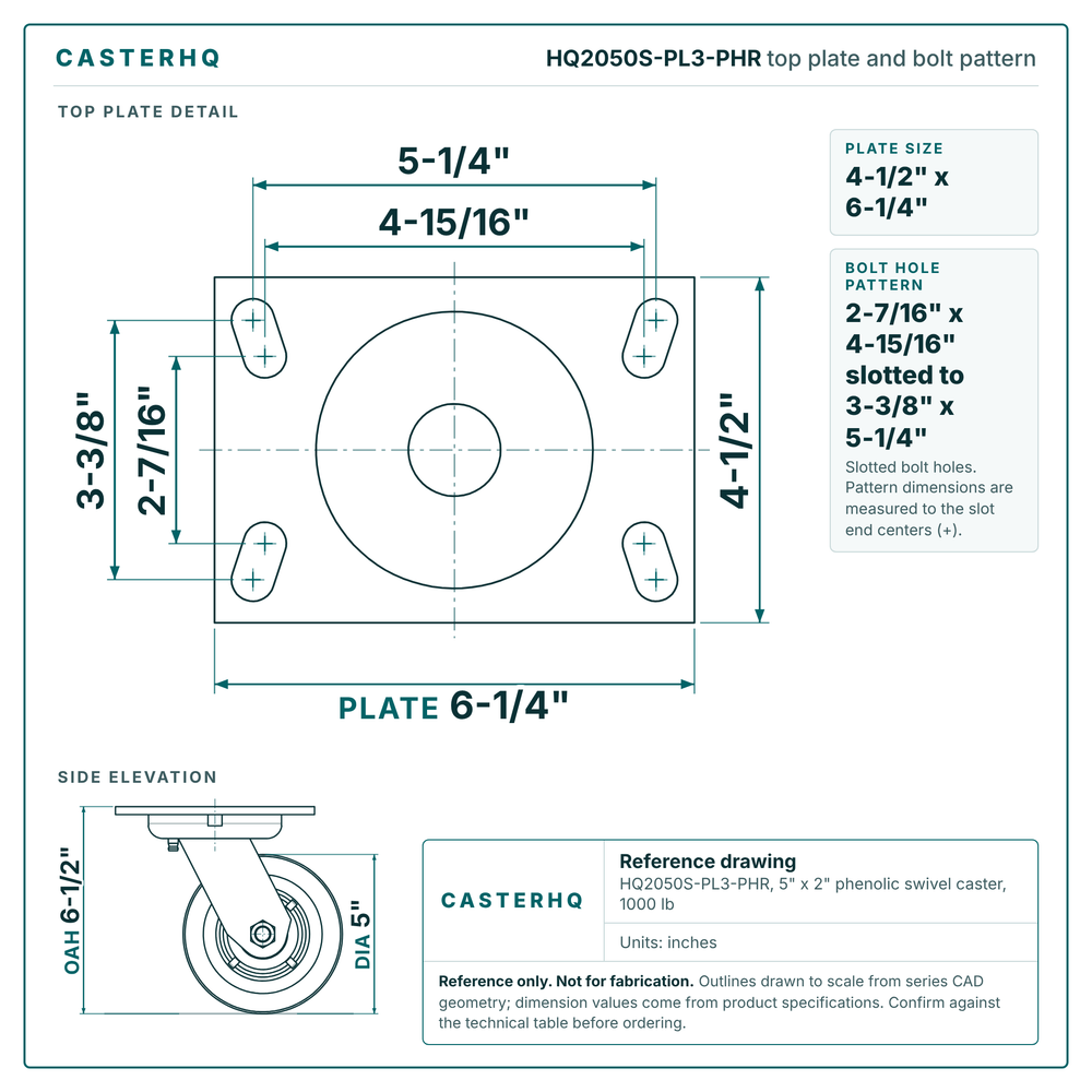 HQ2050S-PL3-PHR top plate bolt pattern drawing, 4-1/2 x 6-1/4 in plate, slotted bolt holes