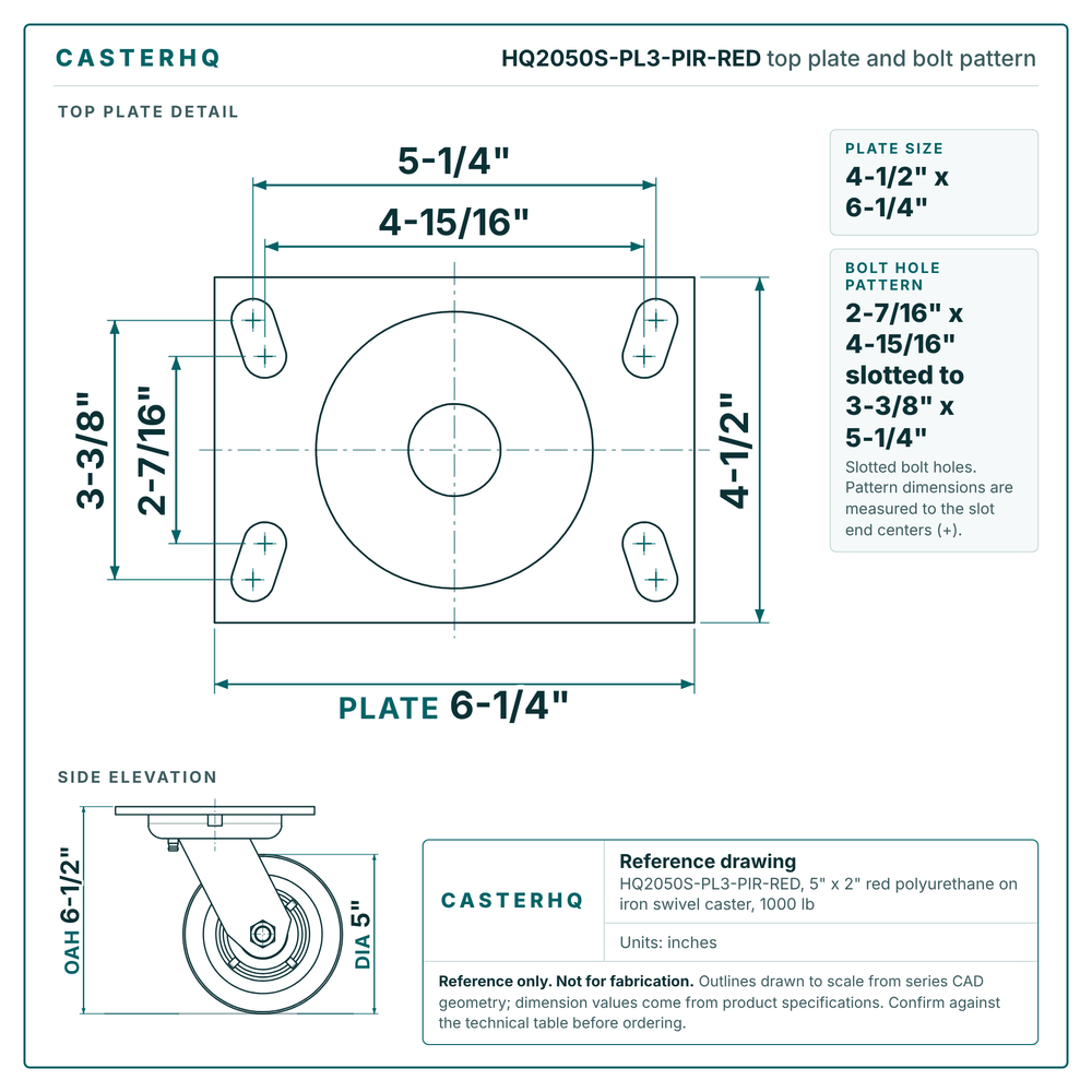HQ2050S-PL3-PIR-RED top plate bolt pattern drawing, 4-1/2 x 6-1/4 in plate, slotted bolt holes