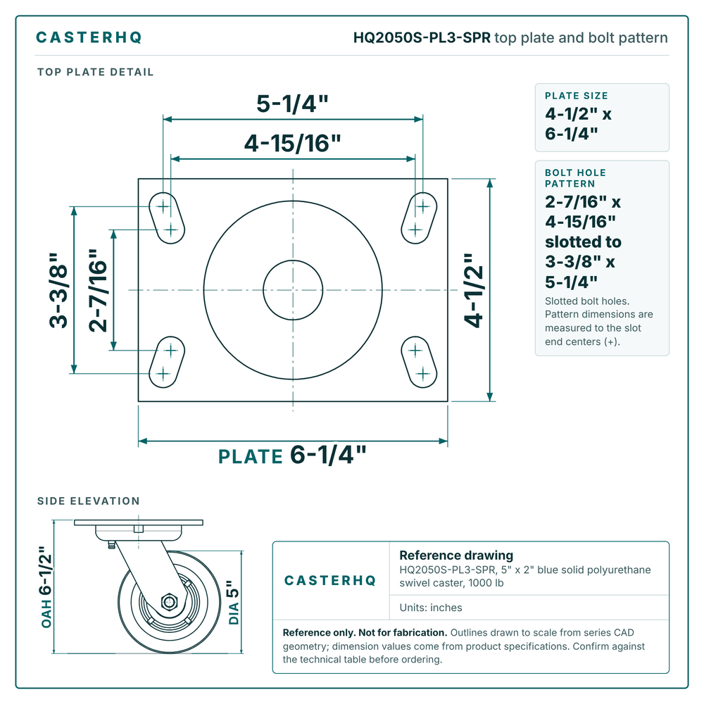 HQ2050S-PL3-SPR top plate bolt pattern drawing, 4-1/2 x 6-1/4 in plate, slotted bolt holes