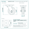 5" x 2" cast iron V-groove swivel caster reference drawing, side, front and top plate views with dimensions