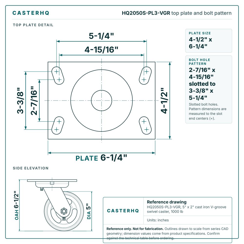 Top plate bolt pattern drawing, 4-1/2 x 6-1/4 in plate, 2-7/16 x 4-15/16 in slotted to 3-3/8 x 5-1/4 in, slotted bolt holes