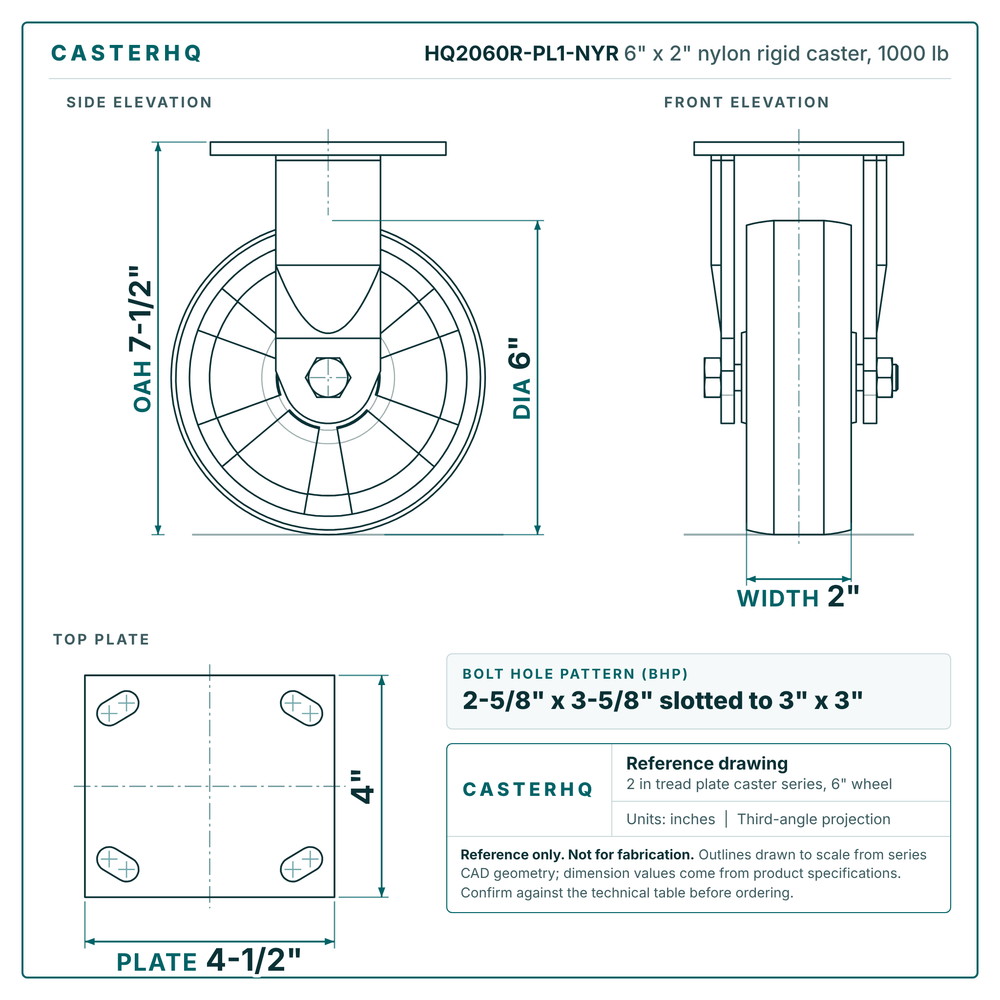 HQ2060R-PL1-NYR 6 x 2 in nylon rigid caster reference drawing, side, front and top plate views with dimensions