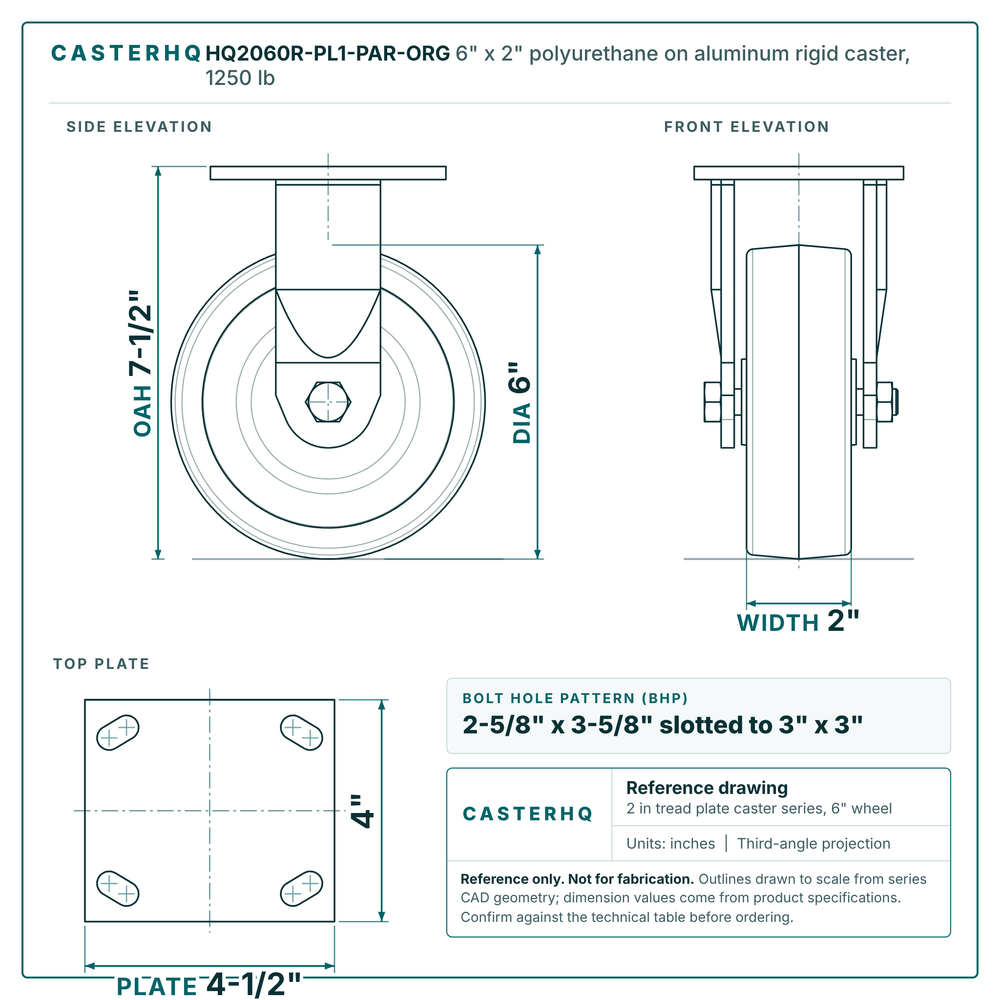 HQ2060R-PL1-PAR-ORG 6 x 2 in polyurethane on aluminum rigid caster reference drawing, side, front and top plate views with dimensions