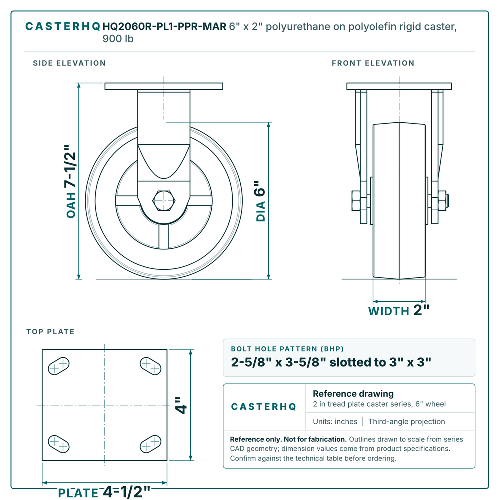 HQ2060R-PL1-PPR-MAR 6 x 2 in polyurethane on polyolefin rigid caster reference drawing, side, front and top plate views with dimensions