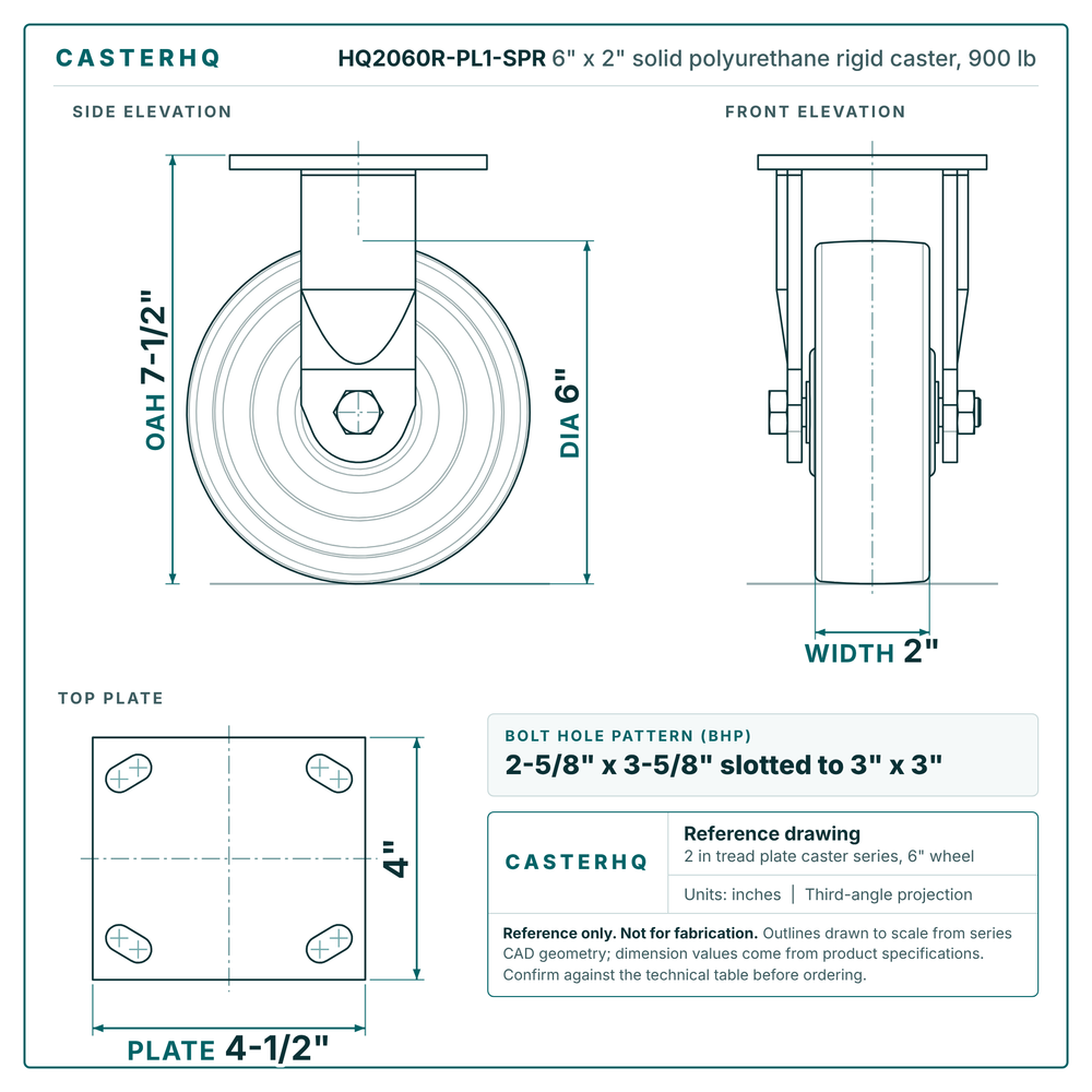 HQ2060R-PL1-SPR 6 x 2 in solid polyurethane rigid caster reference drawing, side, front and top plate views with dimensions