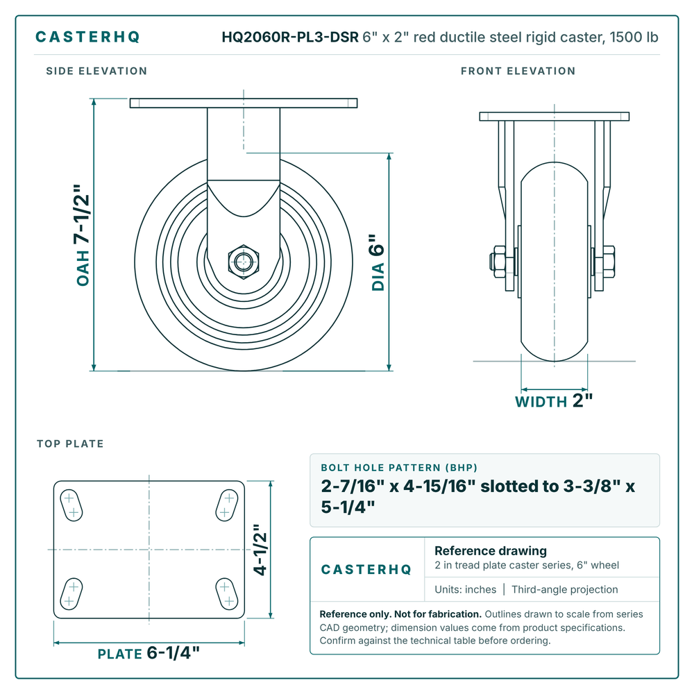 HQ2060R-PL3-DSR 6 x 2 in red ductile steel rigid caster reference drawing, side, front and top plate views with dimensions