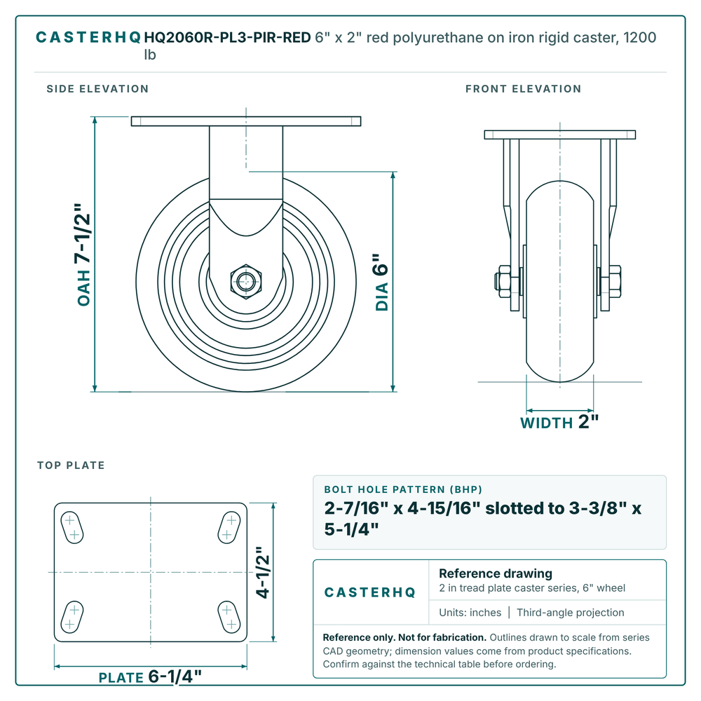 HQ2060R-PL3-PIR-RED 6 x 2 in red polyurethane on iron rigid caster reference drawing, side, front and top plate views with dimensions