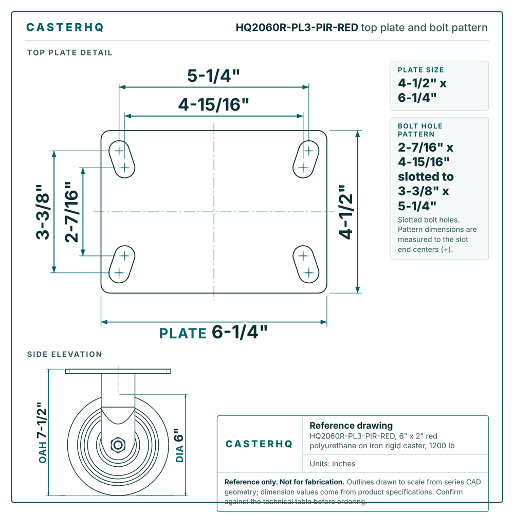 HQ2060R-PL3-PIR-RED top plate bolt pattern drawing, 4-1/2 x 6-1/4 in plate, slotted bolt holes