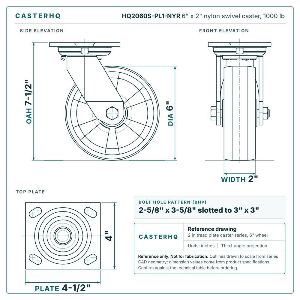 HQ2060S-PL1-NYR 6 x 2 in nylon swivel caster reference drawing, side, front and top plate views with dimensions