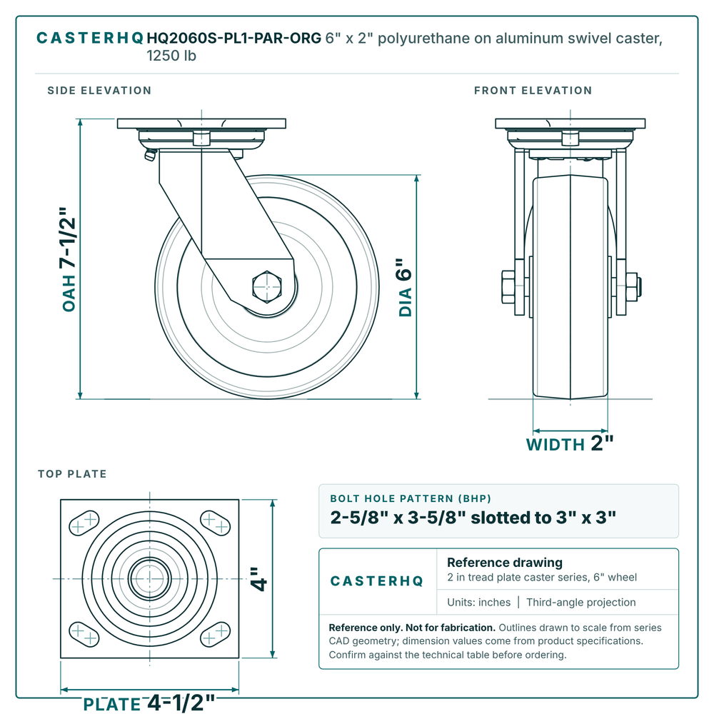 HQ2060S-PL1-PAR-ORG 6 x 2 in polyurethane on aluminum swivel caster reference drawing, side, front and top plate views with dimensions