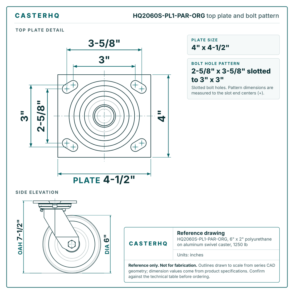 HQ2060S-PL1-PAR-ORG top plate bolt pattern drawing, 4 x 4-1/2 in plate, slotted bolt holes