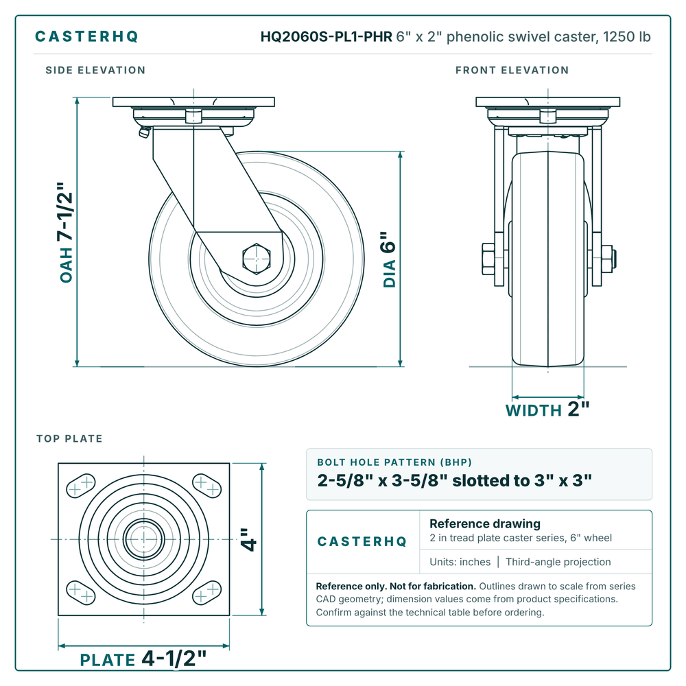 HQ2060S-PL1-PHR 6 x 2 in phenolic swivel caster reference drawing, side, front and top plate views with dimensions