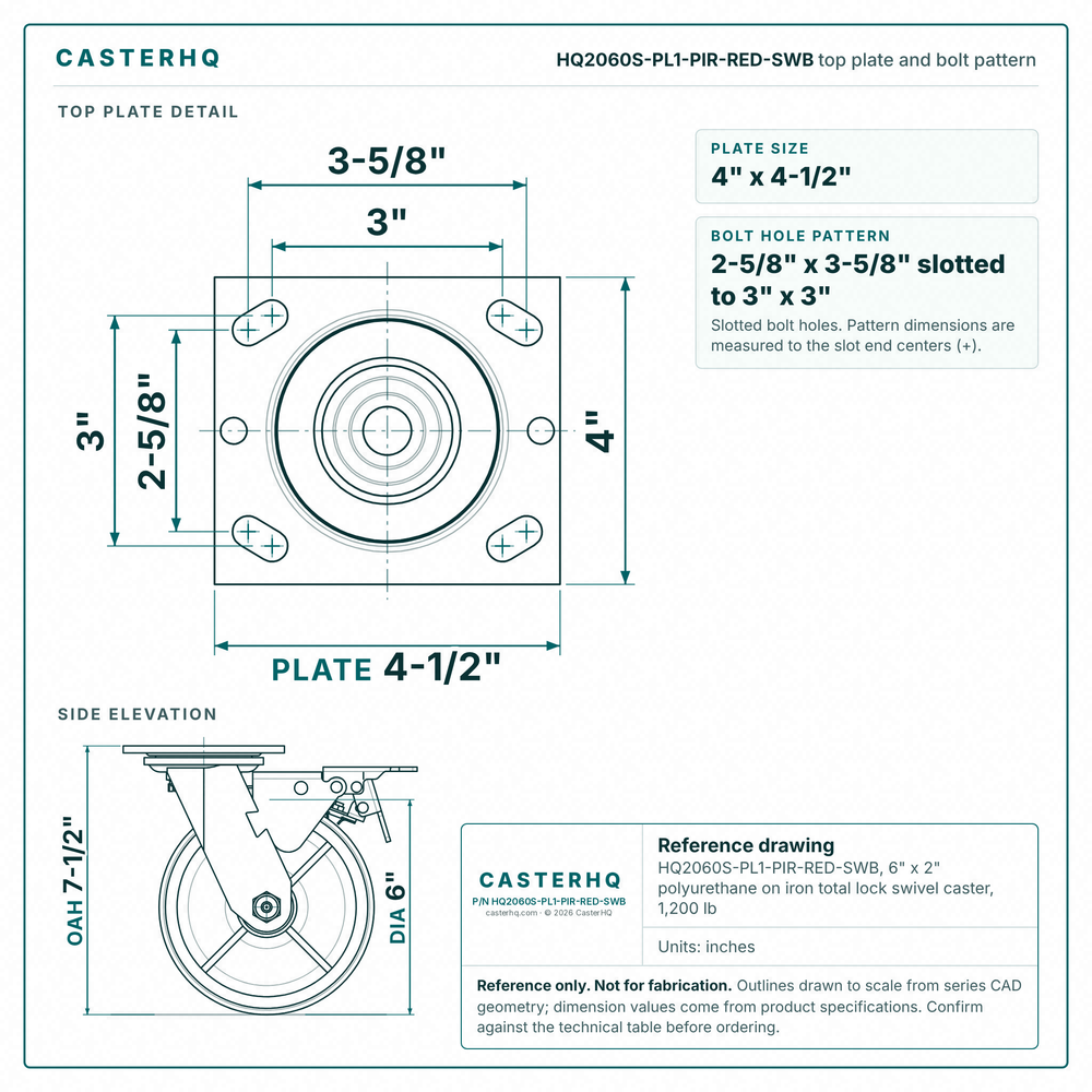 HQ2060S-PL1-PIR-RED-SWB top plate bolt pattern drawing, 4 x 4-1/2 in plate, slotted bolt holes