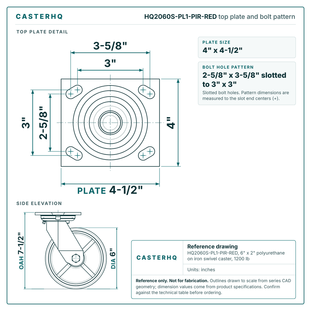 HQ2060S-PL1-PIR-RED top plate bolt pattern drawing, 4 x 4-1/2 in plate, slotted bolt holes