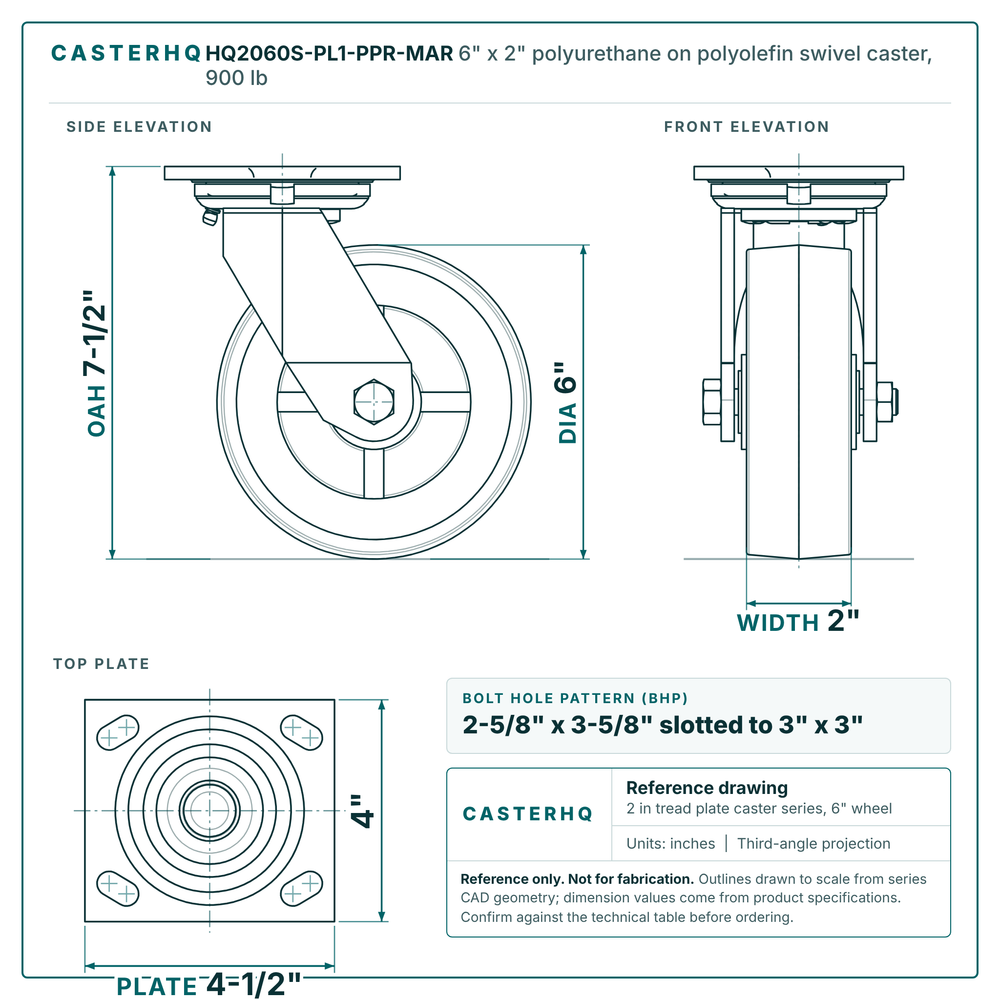 HQ2060S-PL1-PPR-MAR 6 x 2 in polyurethane on polyolefin swivel caster reference drawing, side, front and top plate views with dimensions