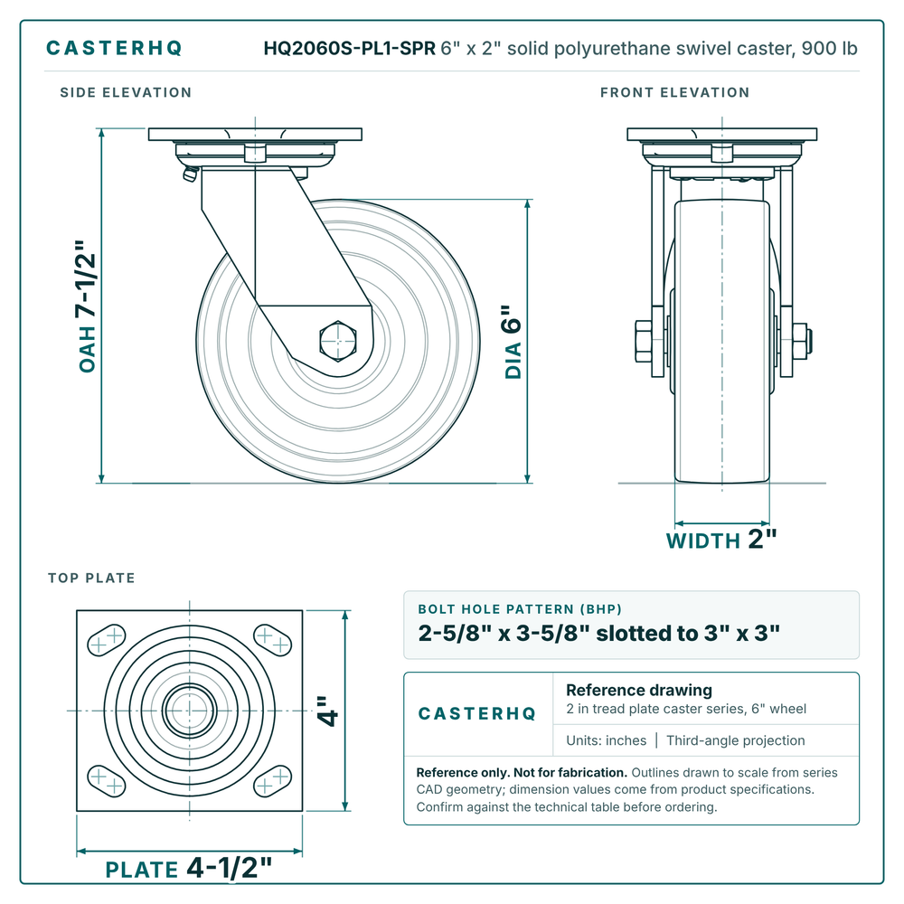 HQ2060S-PL1-SPR 6 x 2 in solid polyurethane swivel caster reference drawing, side, front and top plate views with dimensions