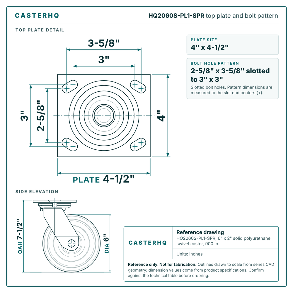 HQ2060S-PL1-SPR top plate bolt pattern drawing, 4 x 4-1/2 in plate, slotted bolt holes