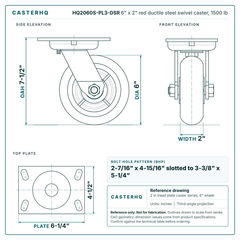 HQ2060S-PL3-DSR 6 x 2 in red ductile steel swivel caster reference drawing, side, front and top plate views with dimensions