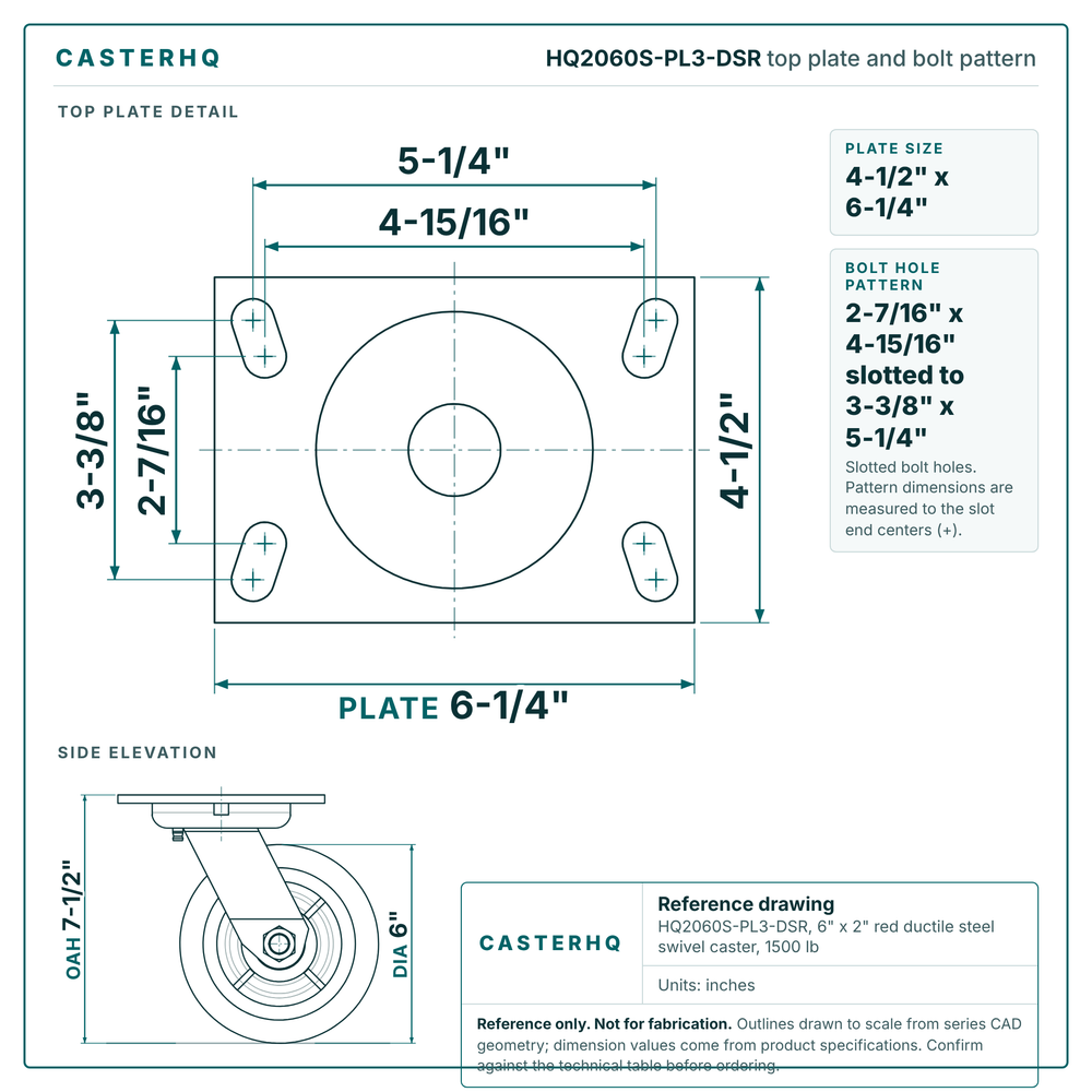 HQ2060S-PL3-DSR top plate bolt pattern drawing, 4-1/2 x 6-1/4 in plate, slotted bolt holes