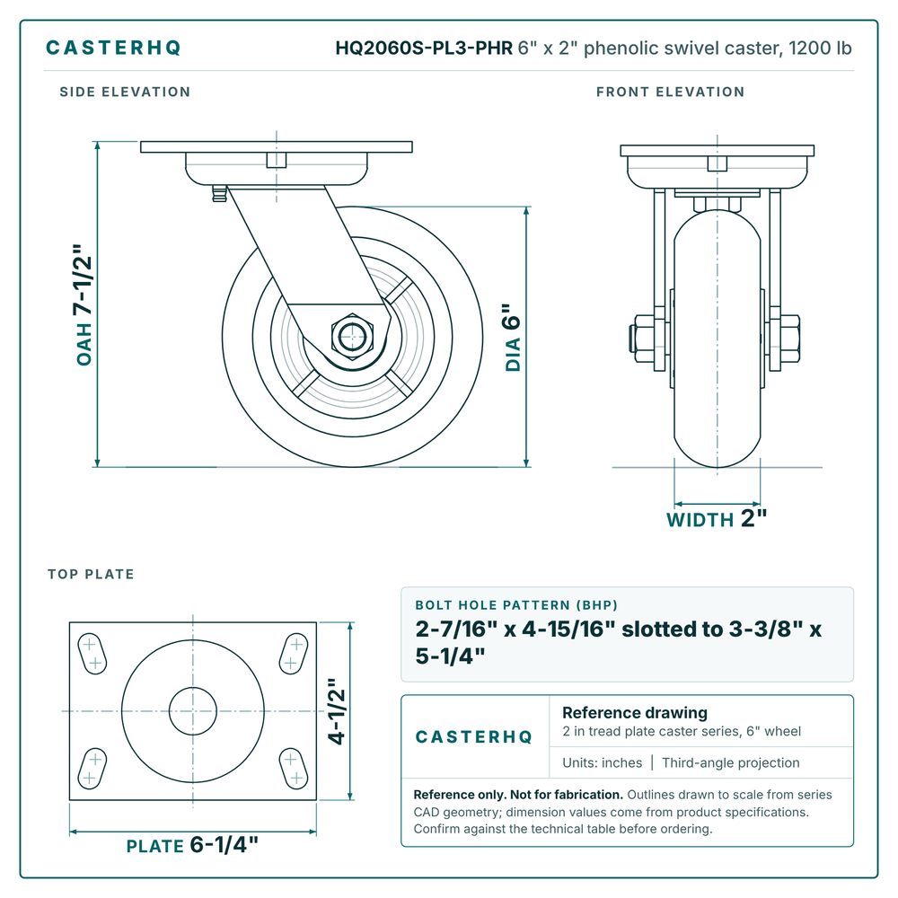 HQ2060S-PL3-PHR 6 x 2 in phenolic swivel caster reference drawing, side, front and top plate views with dimensions