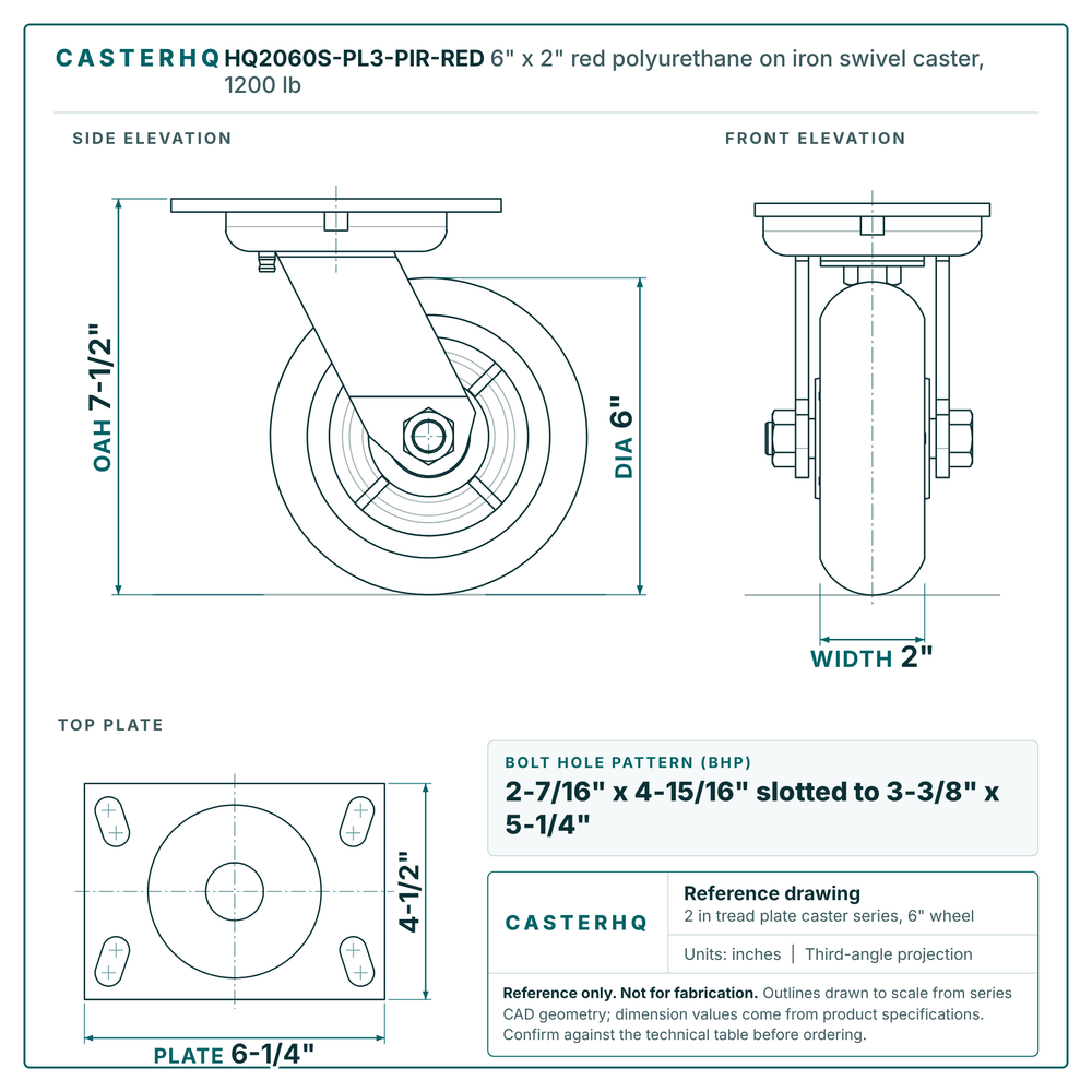 HQ2060S-PL3-PIR-RED 6 x 2 in red polyurethane on iron swivel caster reference drawing, side, front and top plate views with dimensions