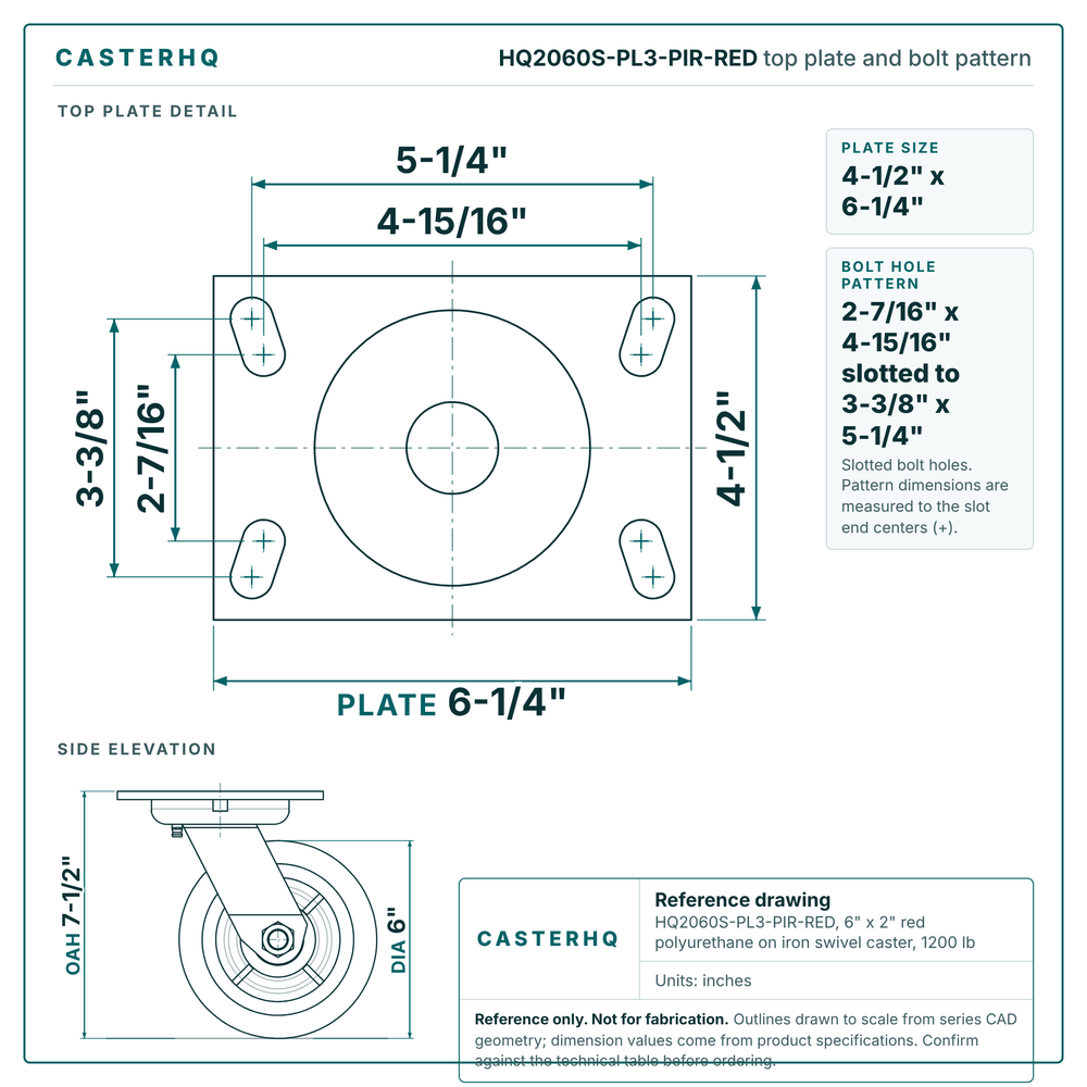 HQ2060S-PL3-PIR-RED top plate bolt pattern drawing, 4-1/2 x 6-1/4 in plate, slotted bolt holes
