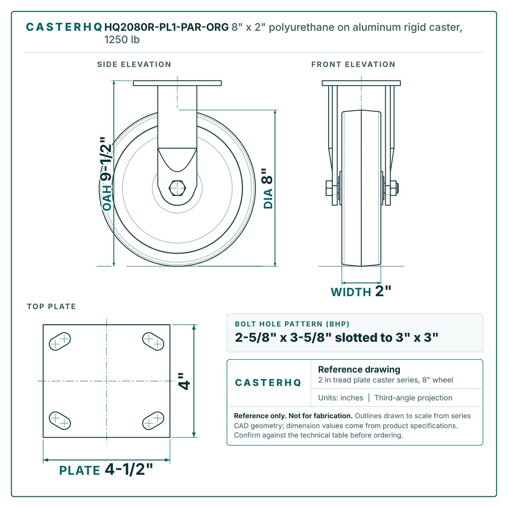 HQ2080R-PL1-PAR-ORG 8 x 2 in polyurethane on aluminum rigid caster reference drawing, side, front and top plate views with dimensions
