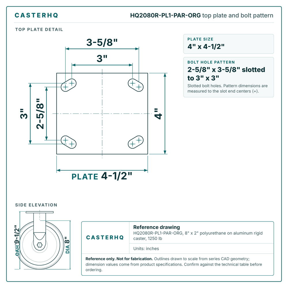 HQ2080R-PL1-PAR-ORG top plate bolt pattern drawing, 4 x 4-1/2 in plate, slotted bolt holes