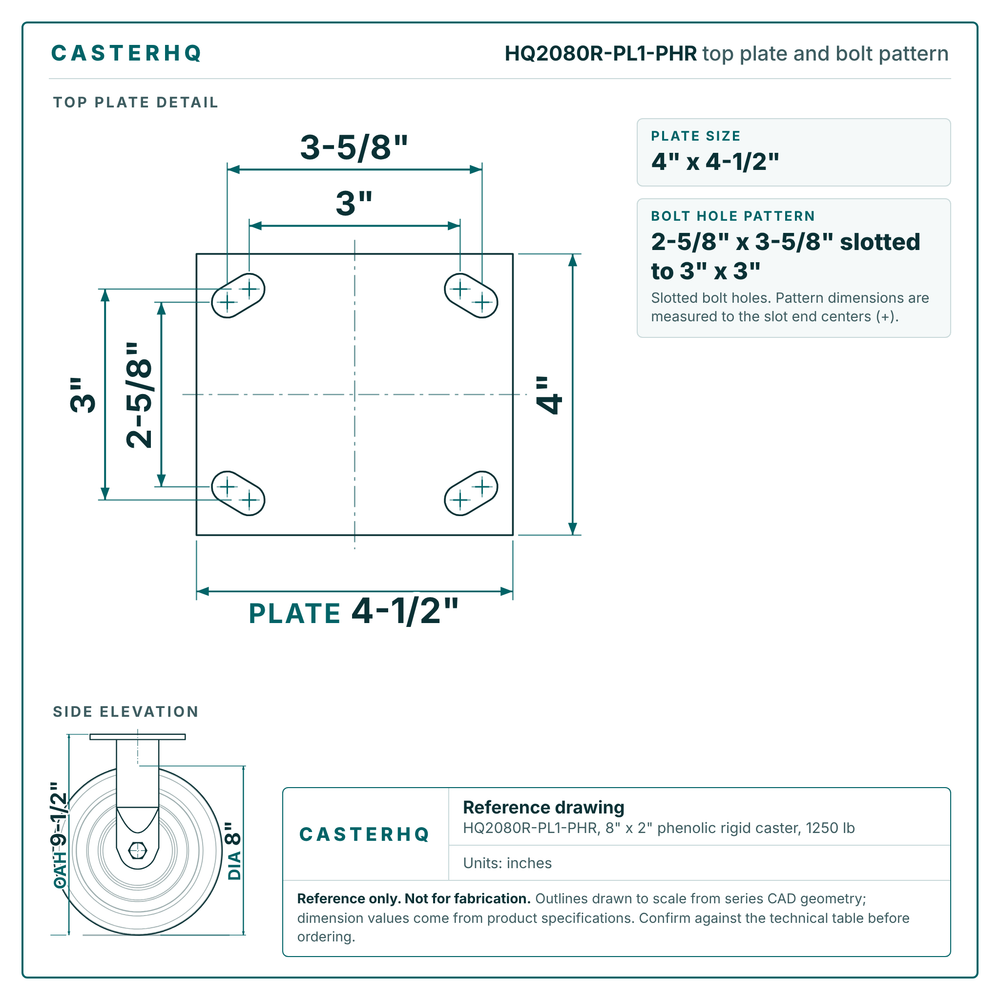 HQ2080R-PL1-PHR top plate bolt pattern drawing, 4 x 4-1/2 in plate, slotted bolt holes