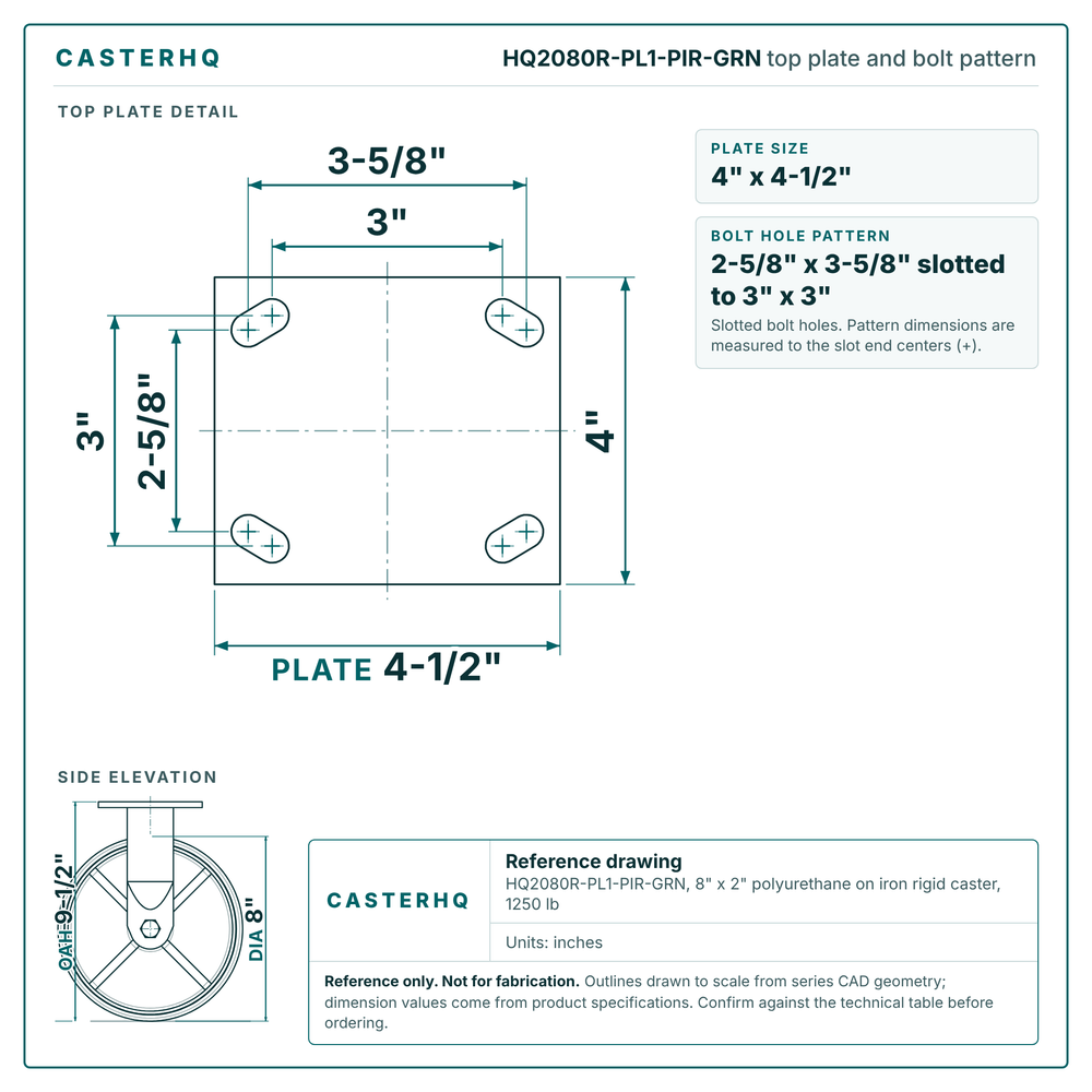 HQ2080R-PL1-PIR-GRN top plate bolt pattern drawing, 4 x 4-1/2 in plate, slotted bolt holes